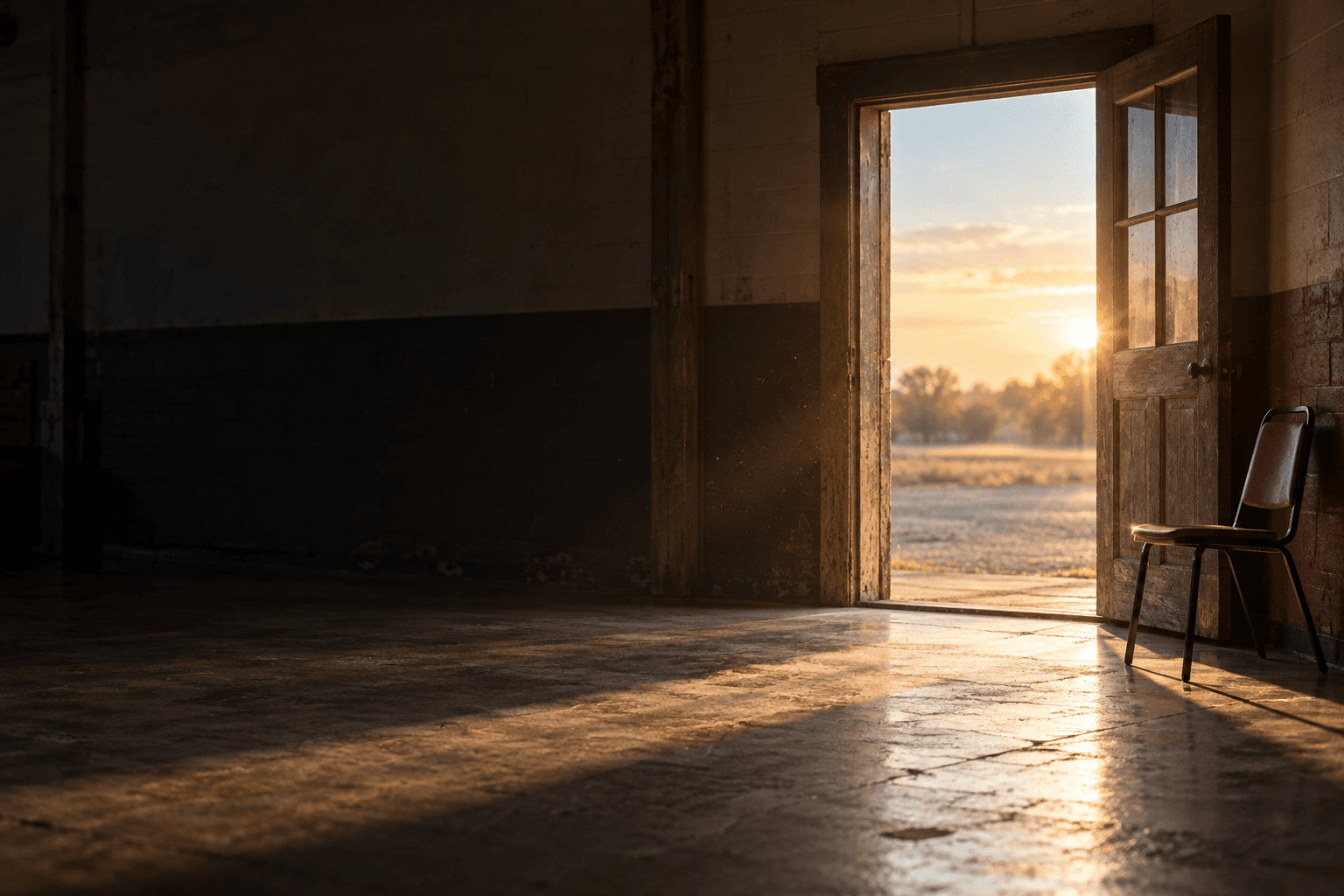 Morning light shining through an open doorway in a humble community space